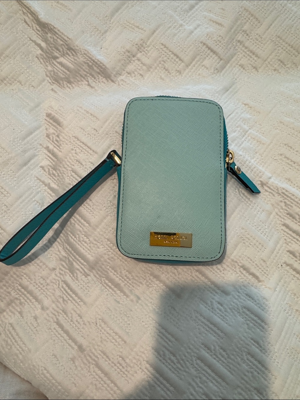 Henri Bendel  Aqua Saffiano Leather Wristlet with Gold Plaque